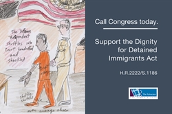 [ai] A drawing depicting a person in orange prison clothing walking into a courtroom in handcuffs and shackles, with a legal figure beside them. The background features a faint American flag. Text at the top urges to call Congress and support the Dignity for Detained Immigrants Act.